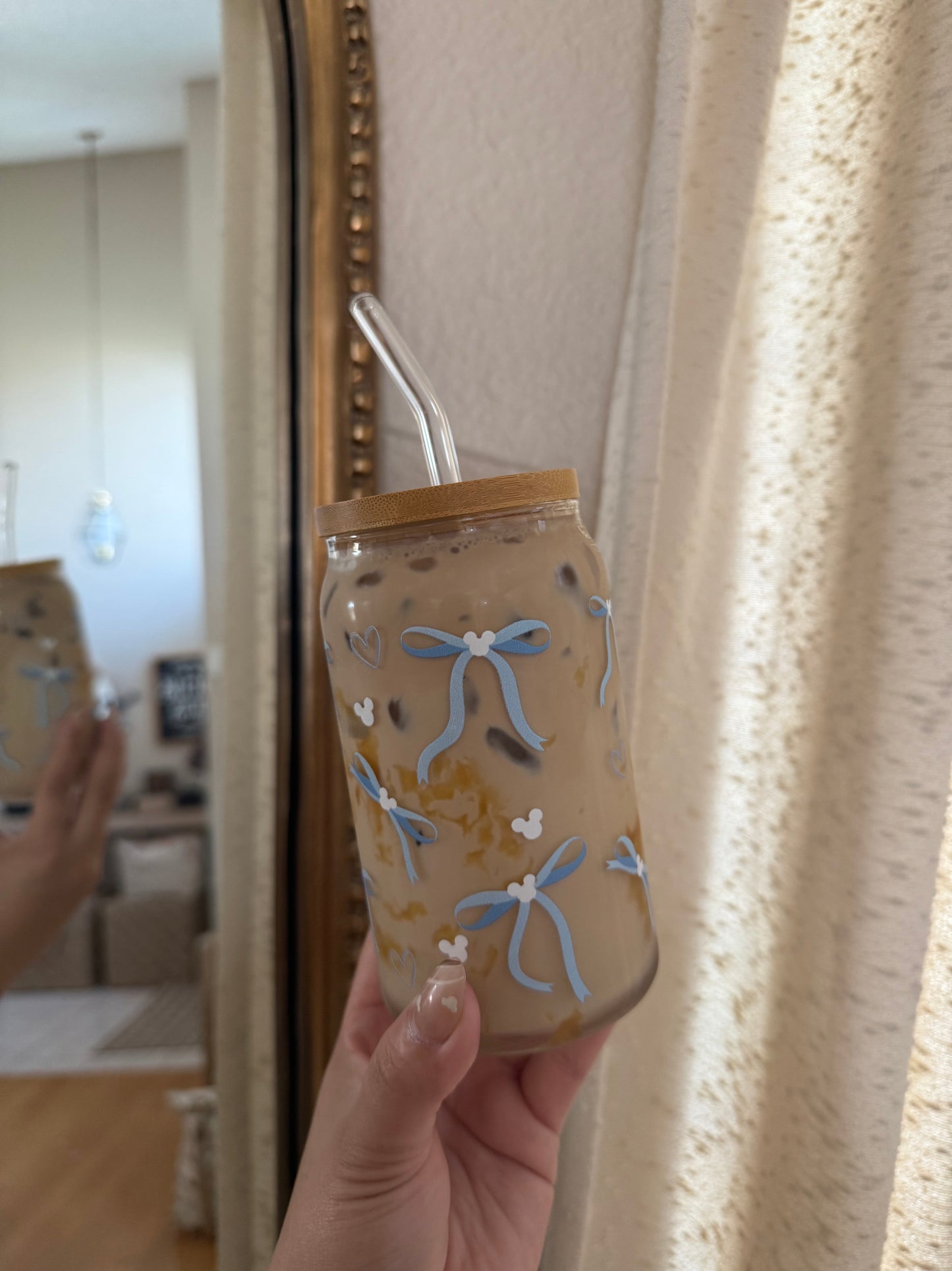 Blue Dainty Bows Glass Can Set
