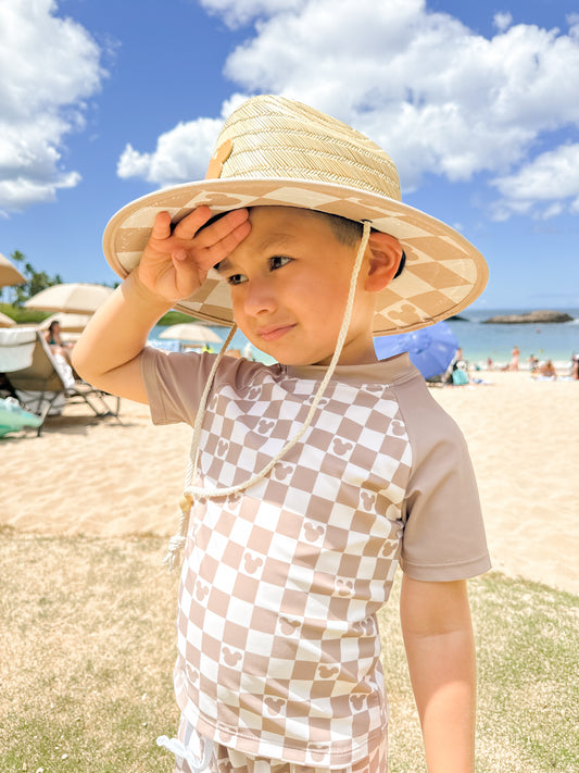 Taupe Checkered Two Piece Short Sleeve & Shorts Swim *READY TO SHIP