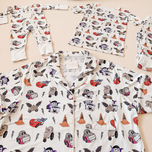 Spooky Cars Bamboo PJ Romper/ Two Piece SHORT Sleeve Set *READY TO SHIP