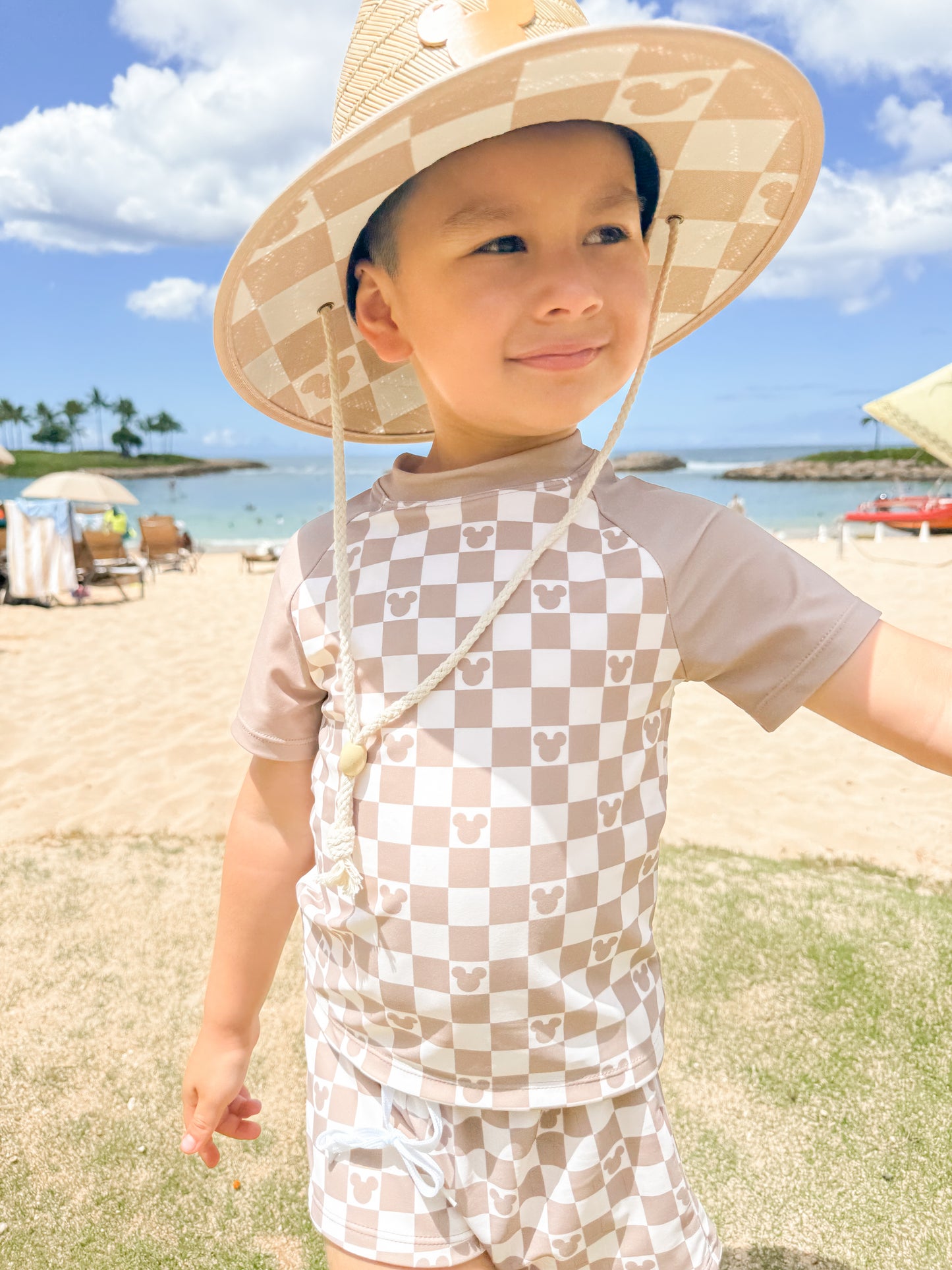 Taupe Checkered Two Piece Short Sleeve & Shorts Swim *READY TO SHIP