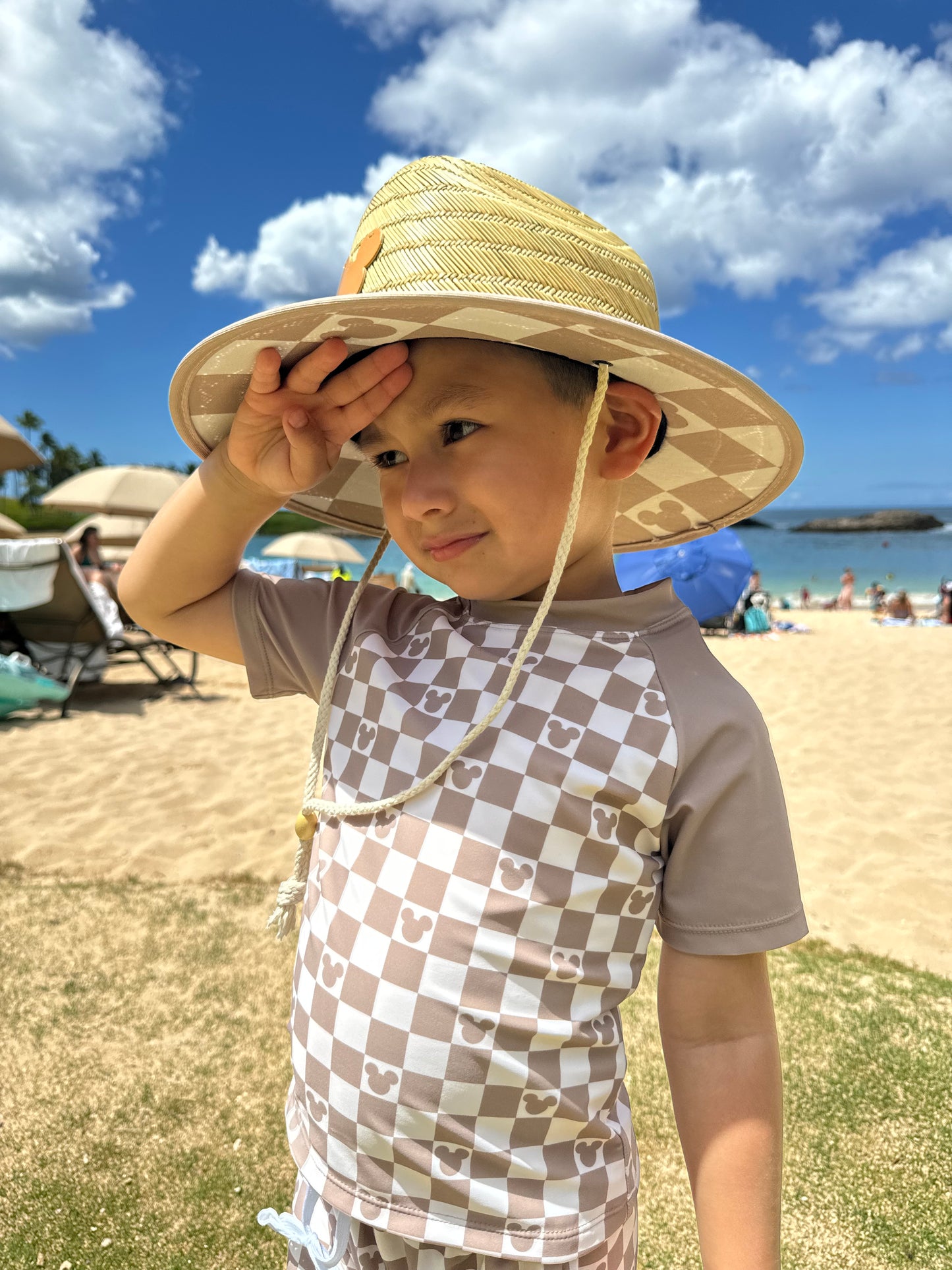 Taupe Checkered Two Piece Short Sleeve & Shorts Swim *READY TO SHIP