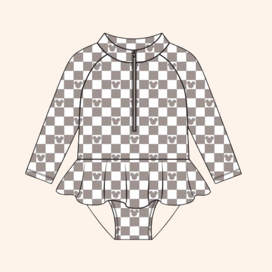 Taupe Checkered GIRLS Long Sleeve Rashguard One piece Swim *READY TO SHIP